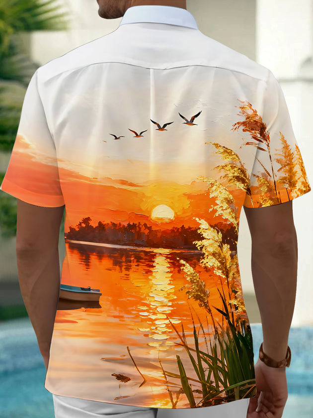 Adaychic Men's Hawaiian Sunset Lake Scenery Print Short Sleeve Shirt with Chest Pocket