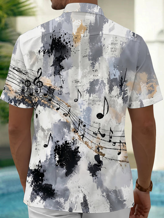 Adaychic Men's Hawaiian Musical Notes Print Short Sleeve Shirt with Chest Pocket