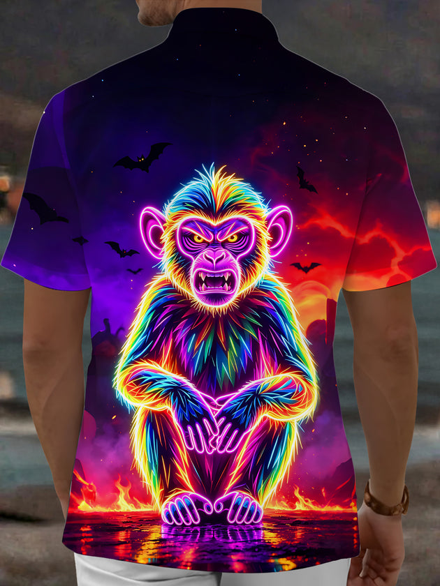 Adaychic Men's Graphic Halloween Bats Print Short Sleeve Shirt with Chest Pocket