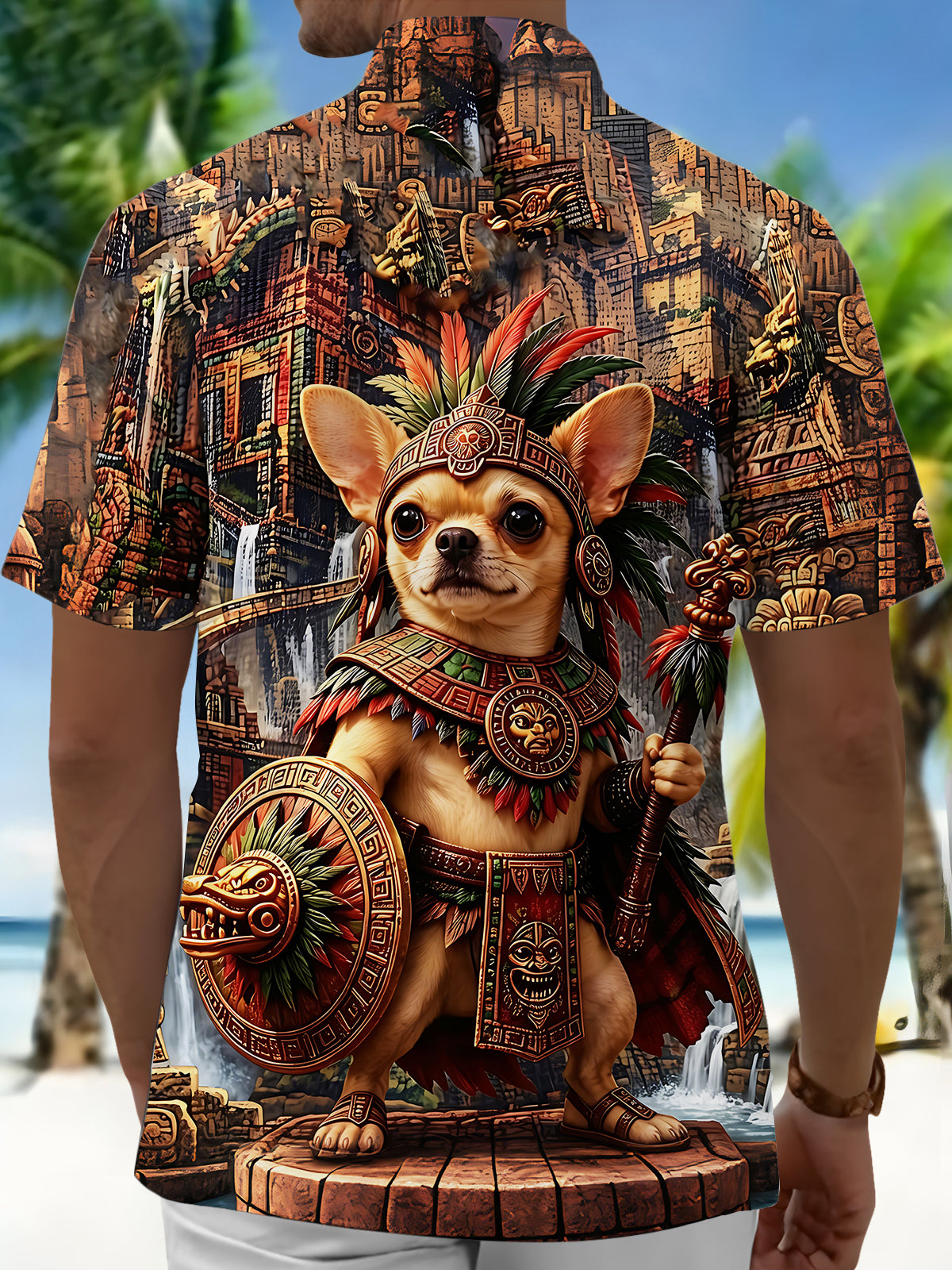 Adaychic Men's Graphic 3D Aztec Warrior Chihuahua Print Short Sleeve Button Down Shirt with Chest Pocket