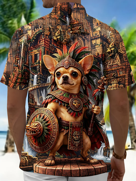 Adaychic Men's Graphic 3D Aztec Warrior Chihuahua Print Short Sleeve Button Down Shirt with Chest Pocket