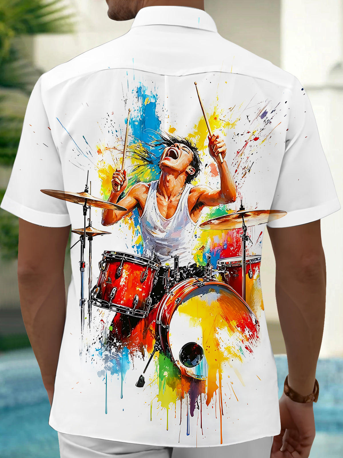 Adaychic Men's Drummer Paint Splatter Graphic Print Short Sleeve Button Down Shirt with Chest Pocket