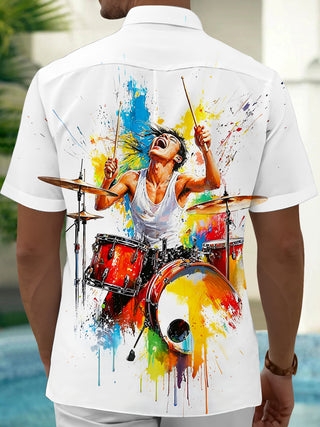 Adaychic Men's Drummer Paint Splatter Graphic Print Short Sleeve Button Down Shirt with Chest Pocket