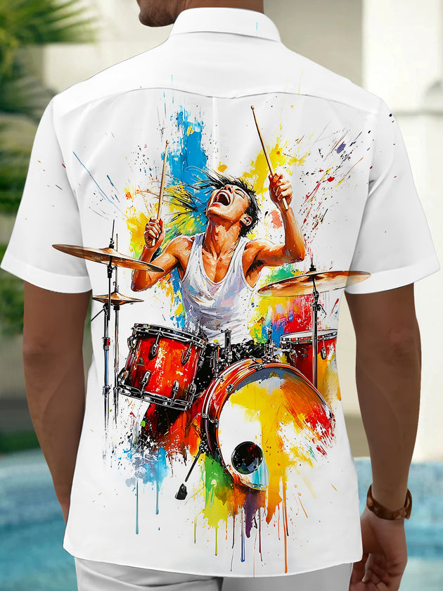 Adaychic Men's Drummer Paint Splatter Graphic Print Short Sleeve Button Down Shirt with Chest Pocket