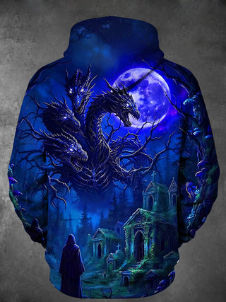 Adaychic Men's Multi-headed Dragon And Graveyard Print Long Sleeve Hoodie