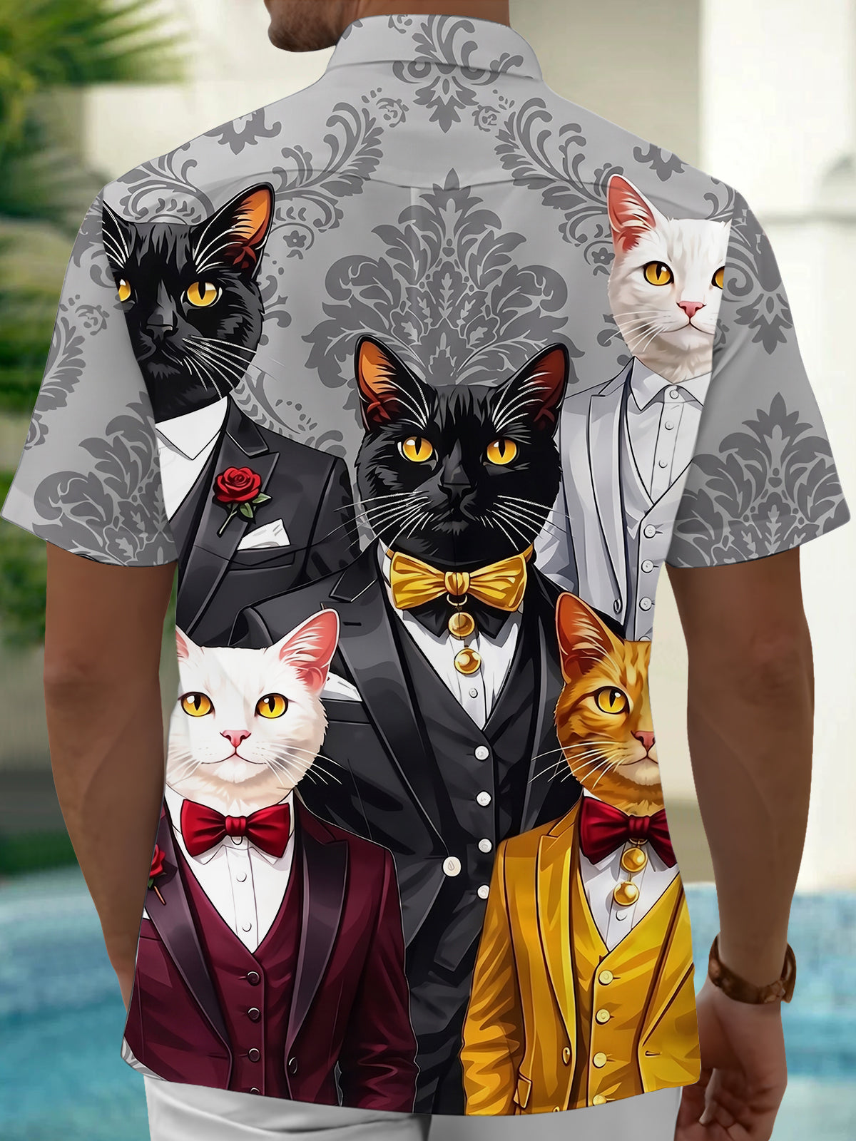 Adaychic Men's Hawaiian Cat In Tuxedo Print Short Sleeve Shirt with Chest Pocket