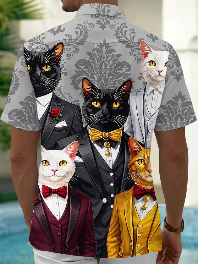 Adaychic Men's Hawaiian Cat In Tuxedo Print Short Sleeve Shirt with Chest Pocket