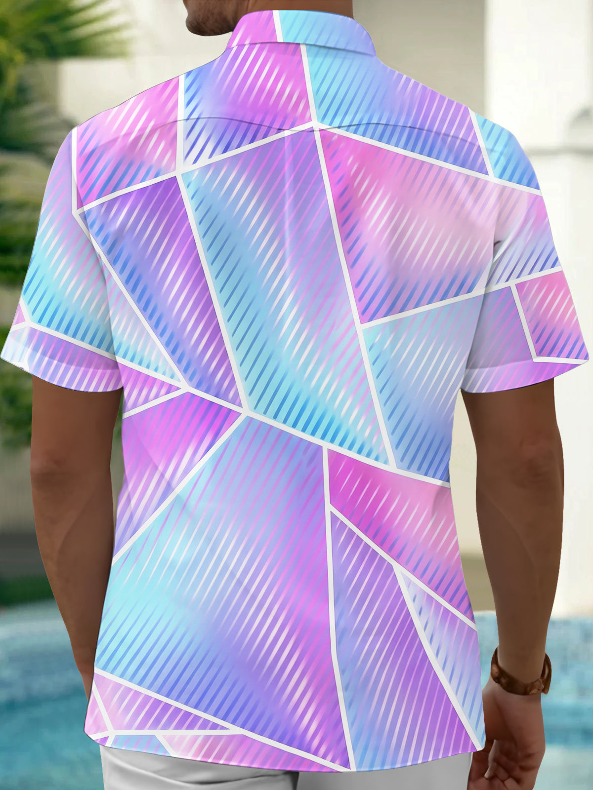 Adaychic Men's Abstract Geometric Gradient Line Print Short Sleeve Button Down Shirt with Chest Pocket