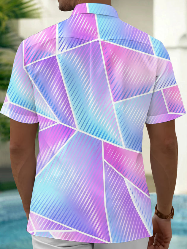 Adaychic Men's Abstract Geometric Gradient Line Print Short Sleeve Button Down Shirt with Chest Pocket
