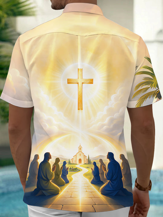 Adaychic Men's Golden Cross And Praying Figures Print Short Sleeve Shirt with Chest Pocket