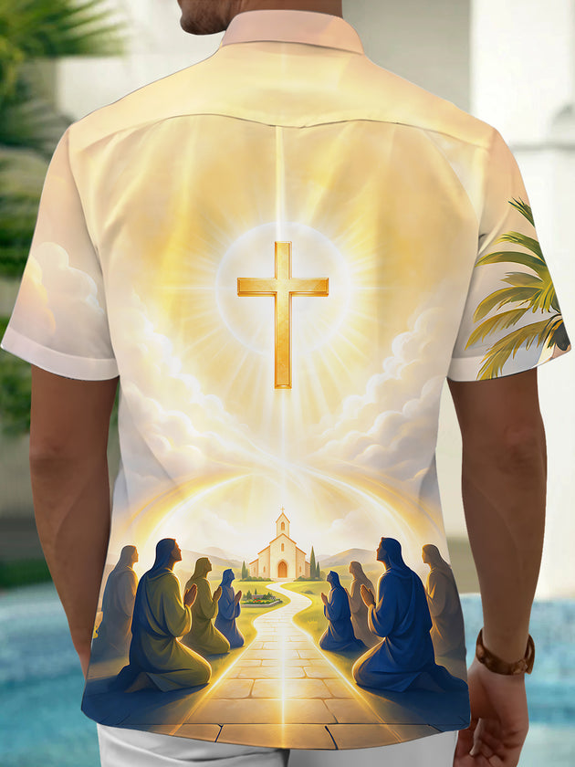 Adaychic Men's Golden Cross And Praying Figures Print Short Sleeve Shirt with Chest Pocket