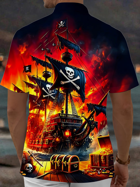 Adaychic Men's Graphic 3D Pirate Ship Skull Treasure Print Short Sleeve Button Down Shirt with Chest Pocket
