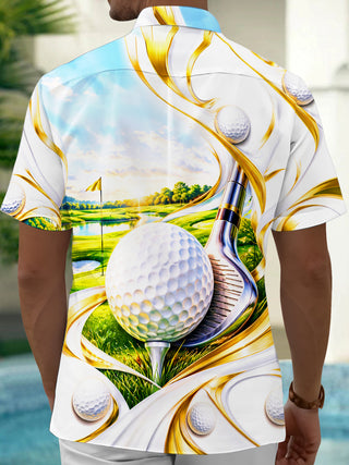 Adaychic Men's Short Sleeve Shirt - Golf Course Landscape With Golf Ball And Club Print with Chest Pocket