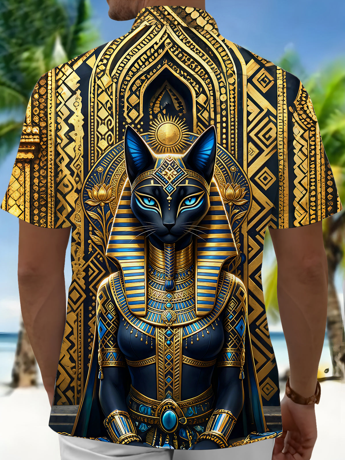 Adaychic Men's Graphic Floral Egyptian Cat Pharaoh Print Short Sleeve Button Down Shirt with Chest Pocket