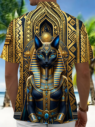 Adaychic Men's Graphic Floral Egyptian Cat Pharaoh Print Short Sleeve Button Down Shirt with Chest Pocket