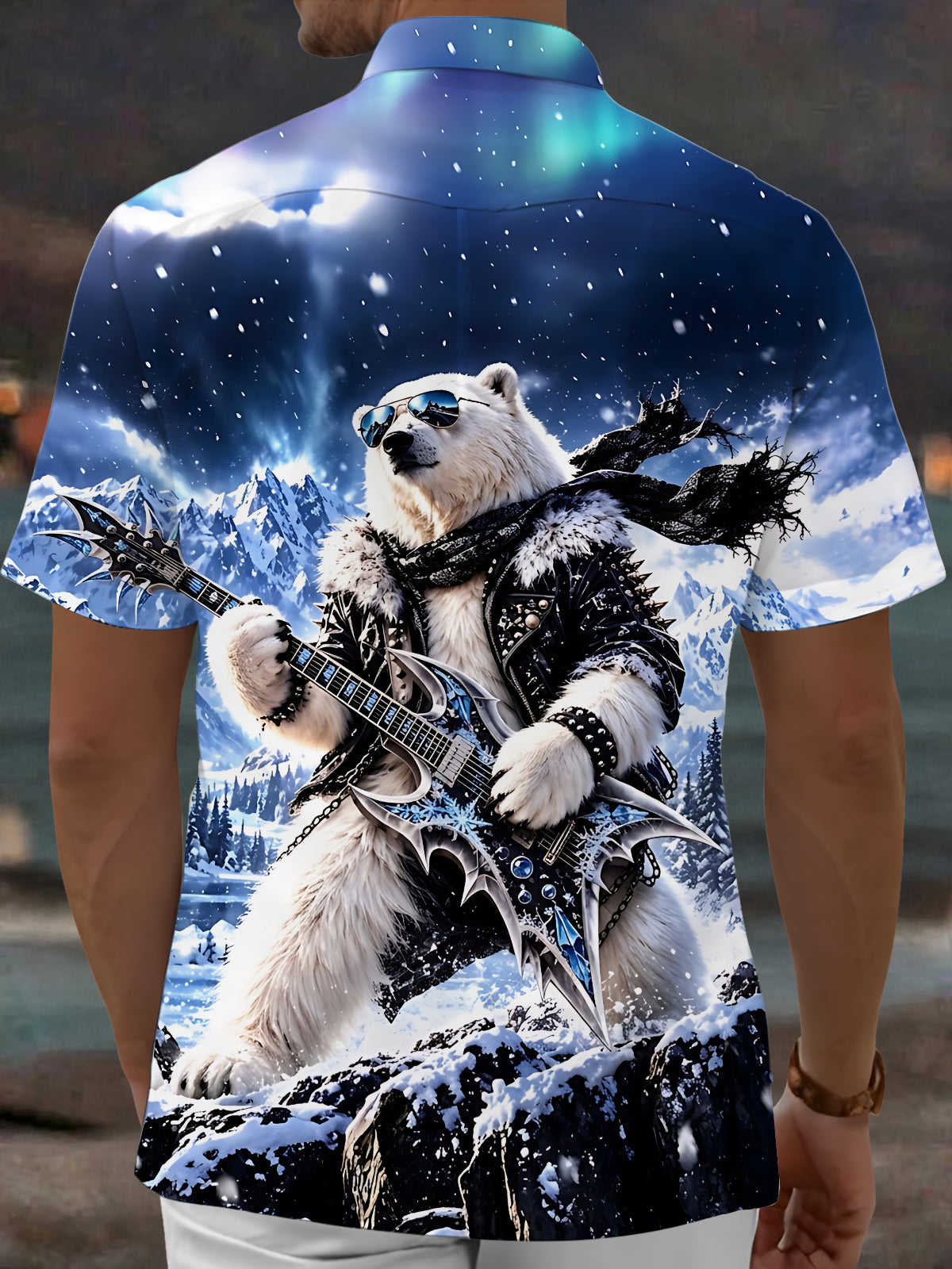 Adaychic Men's Graphic Polar Bear Rock Musician Print Short Sleeve Shirt