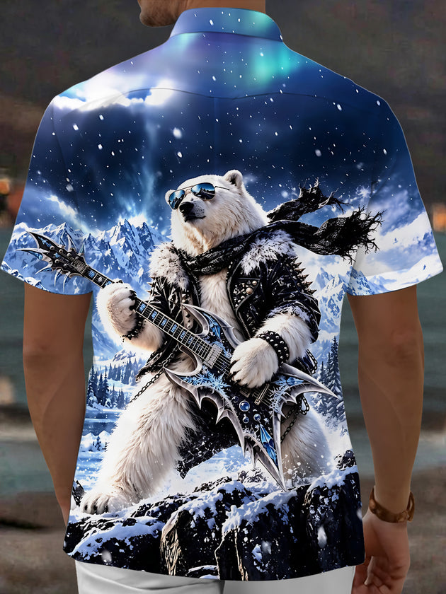 Adaychic Men's Graphic Polar Bear Rock Musician Print Short Sleeve Shirt with Chest Pocket