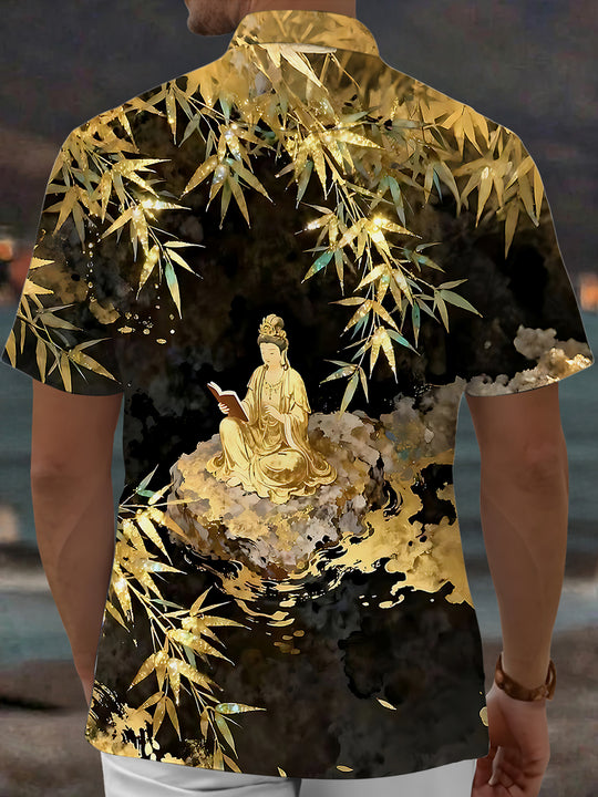 Guanyin Bodhisattva Bamboo Leaf Men's Pocket Short Sleeve Shirts