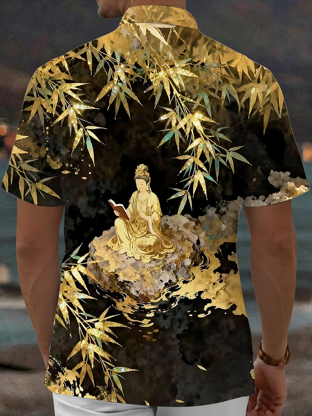 Guanyin Bodhisattva Bamboo Leaf Men's Pocket Short Sleeve Shirts