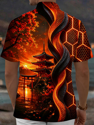 Adaychic Men's Graphic Ancient Temple Print Maple Leaf Print Short Sleeve Shirt with Chest Pocket