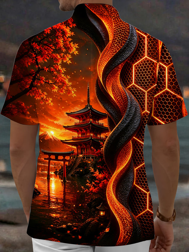 Adaychic Men's Graphic Ancient Temple Print Maple Leaf Print Short Sleeve Shirt with Chest Pocket