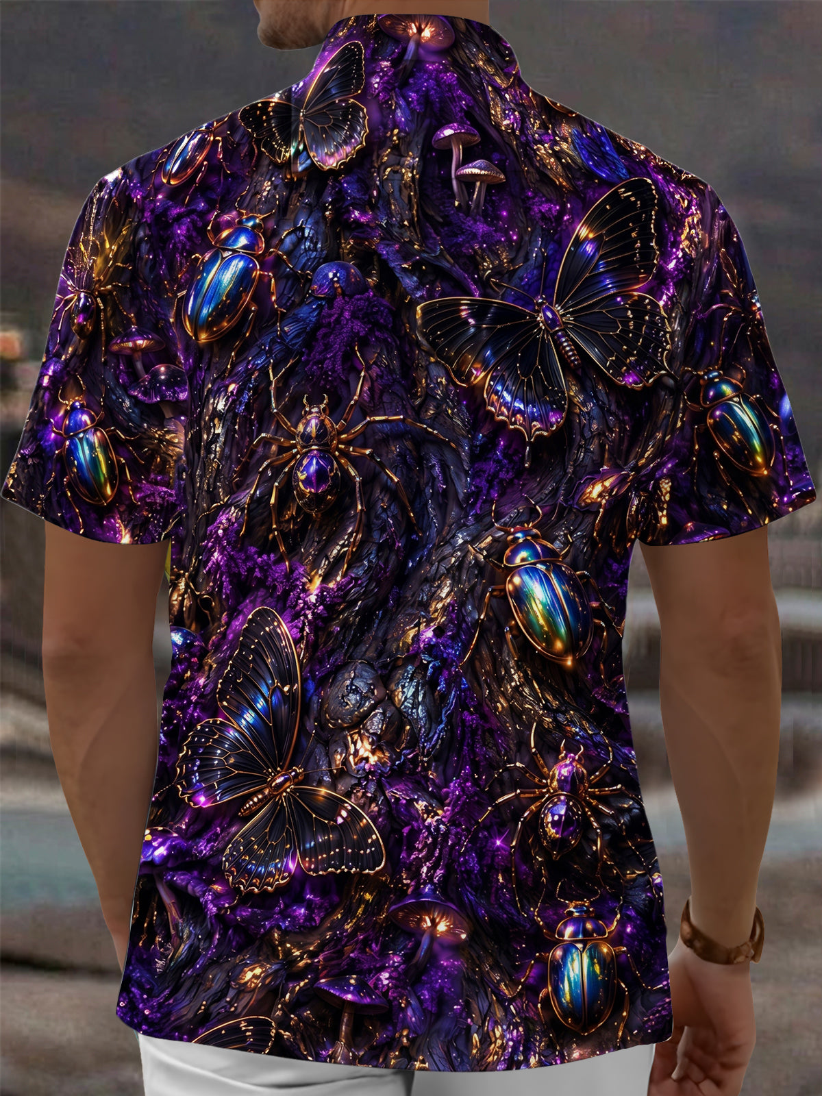 Adaychic Men's Short Sleeve Shirt - Iridescent Beetles Butterflies And Spiders Print with Chest Pocket