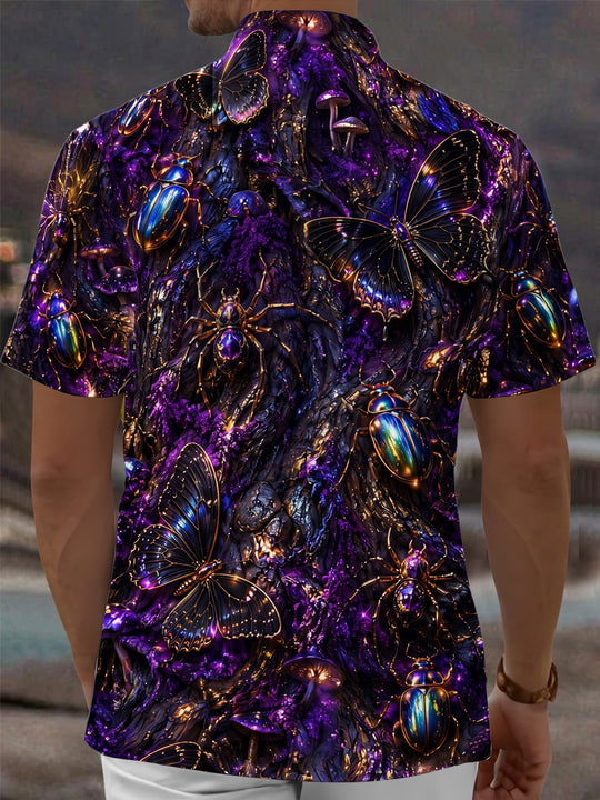 Adaychic Men's Short Sleeve Shirt - Iridescent Beetles Butterflies And Spiders Print with Chest Pocket