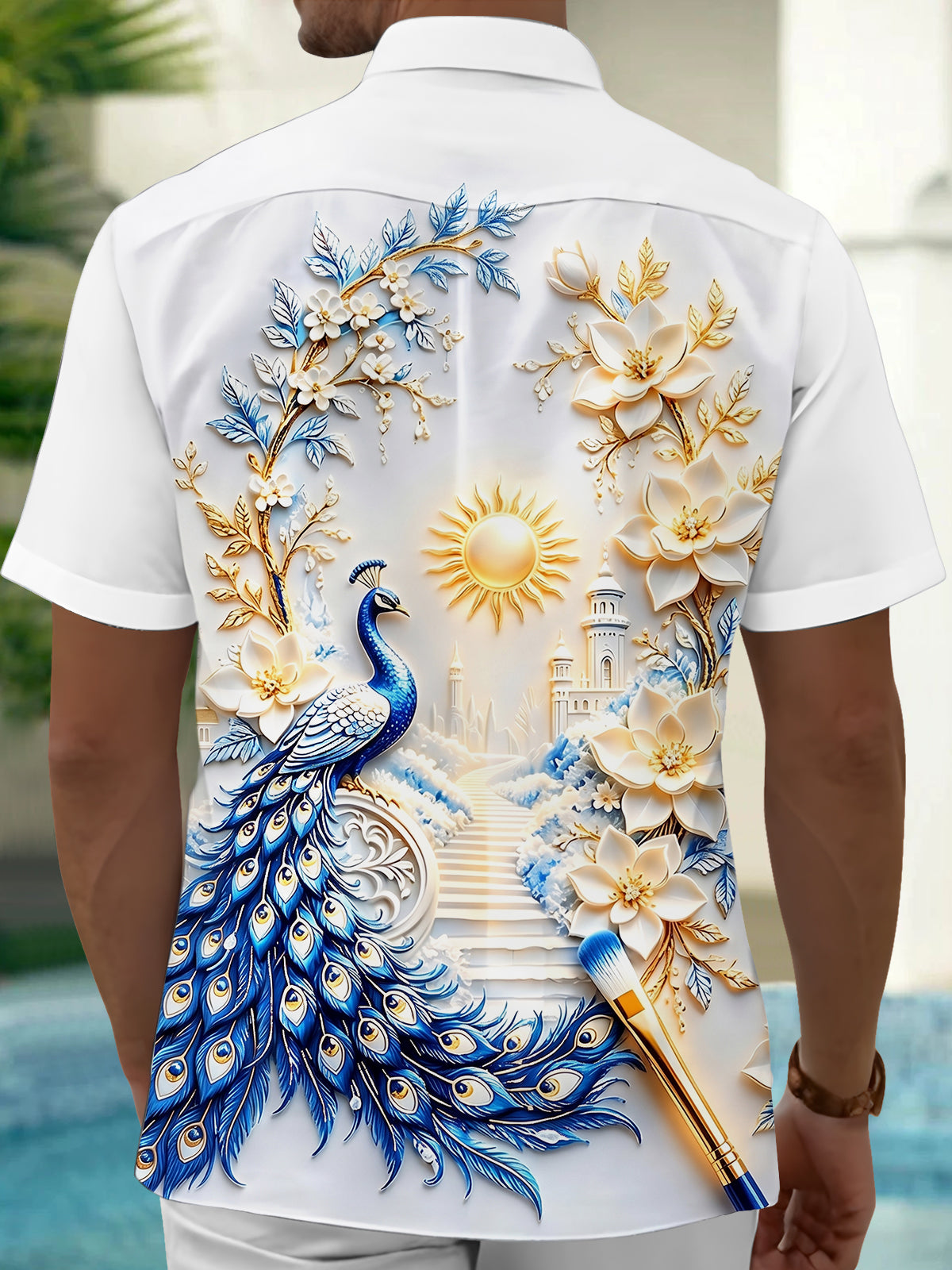 Adaychic Men's Printed Peacock Print Floral Relief Print Short Sleeve Shirt with Chest Pocket