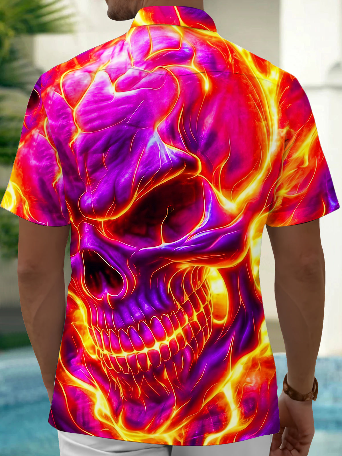 Adaychic Men's Graphic 3D Purple Flaming Skull Print Short Sleeve Button Down Shirt with Chest Pocket