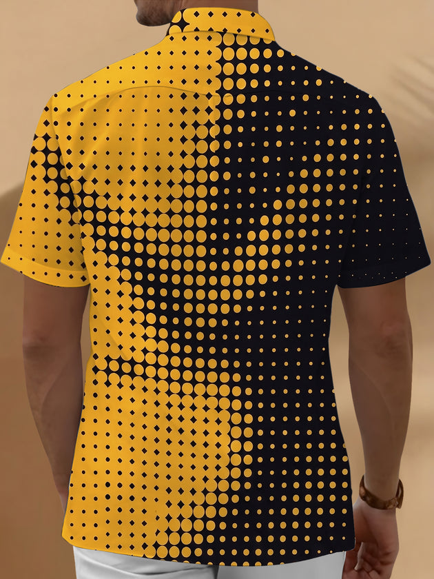 Adaychic Men's Graphic Geometric Black Yellow Halftone Dot Print Short Sleeve Button Down Shirt with Chest Pocket