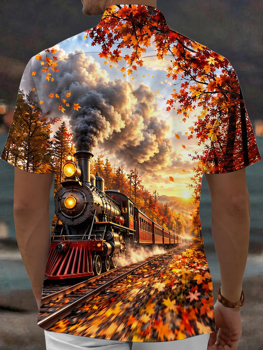 Adaychic Men's Short Sleeve Shirt - Vintage Steam Train And Autumn Maple Leaves Print with Chest Pocket