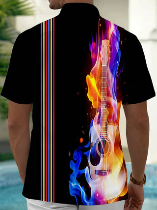 Adaychic Men's Graphic Colorful Guitar Flame Print Short Sleeve Shirt with Chest Pocket
