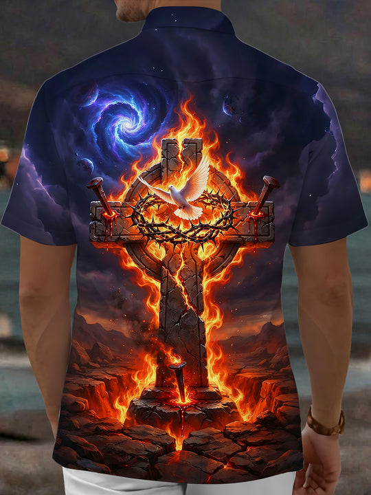 Adaychic Men's Short Sleeve Shirt - Flaming Cross With Dove And Crown Of Thorns Print with Chest Pocket