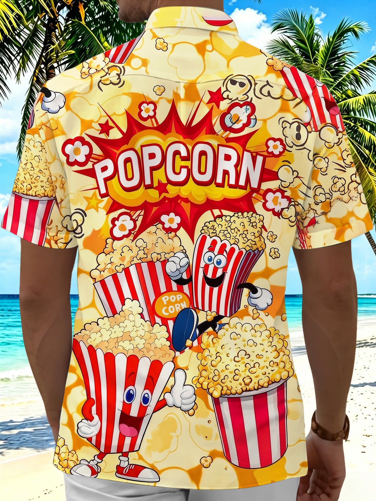 Adaychic Men's Popcorn Cartoon Graphic Print Short Sleeve Button Down Shirt with Chest Pocket