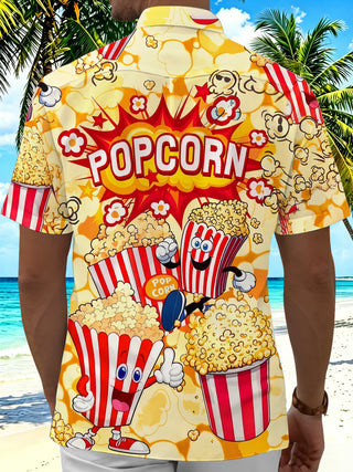 Adaychic Men's Popcorn Cartoon Graphic Print Short Sleeve Button Down Shirt with Chest Pocket
