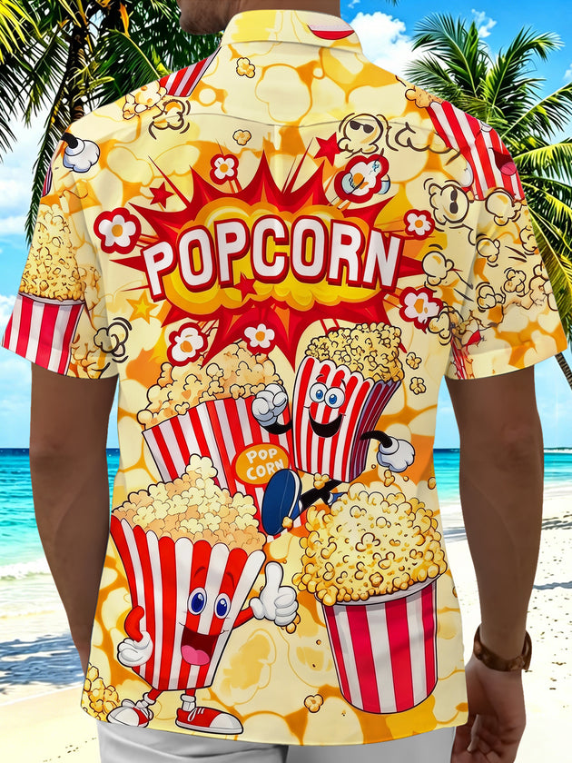 Adaychic Men's Popcorn Cartoon Graphic Print Short Sleeve Button Down Shirt with Chest Pocket