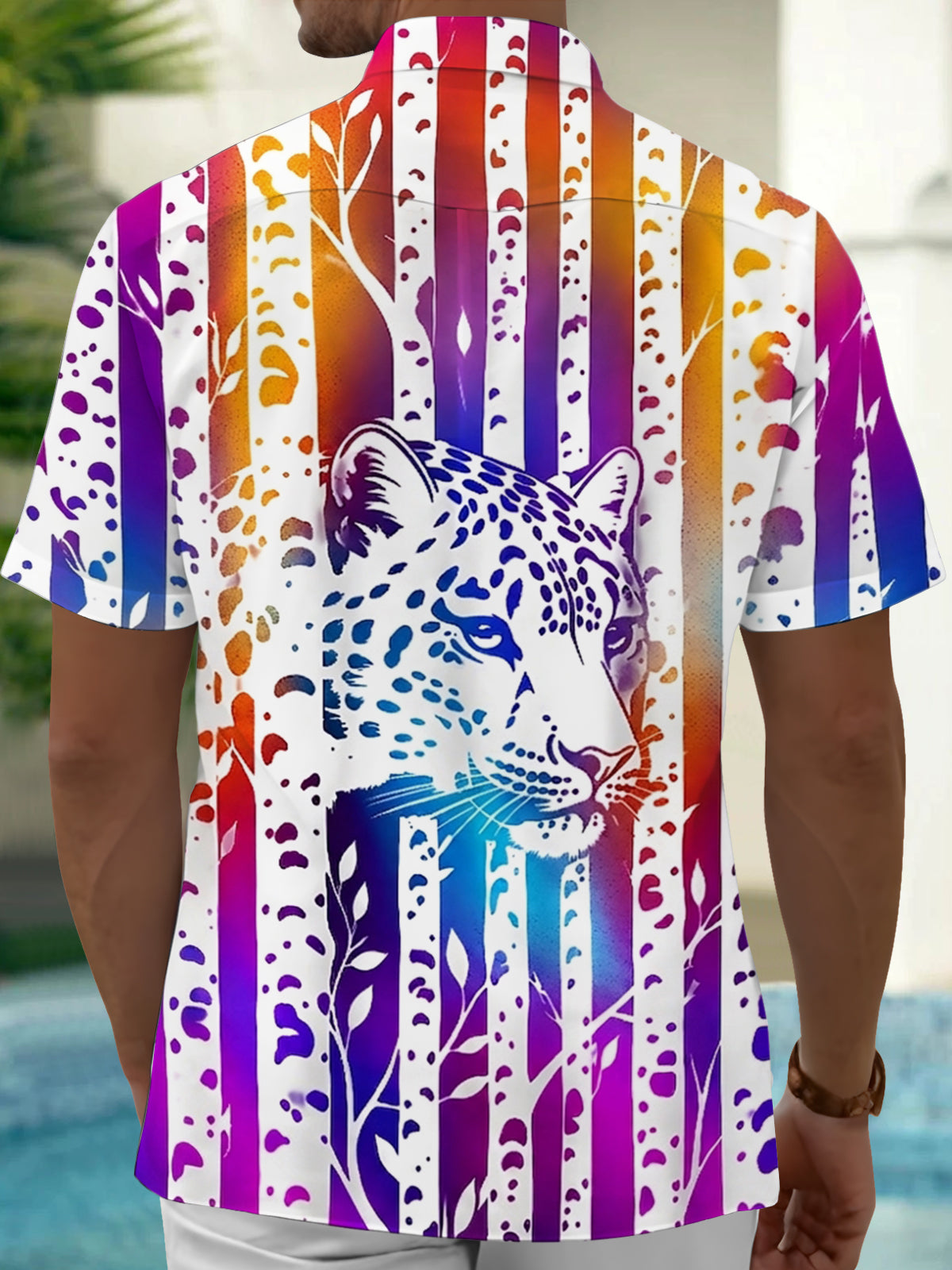 Adaychic Men's Hawaiian Cheetah Portrait Print Short Sleeve Shirt with Chest Pocket