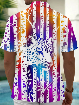 Adaychic Men's Hawaiian Cheetah Portrait Print Short Sleeve Shirt with Chest Pocket