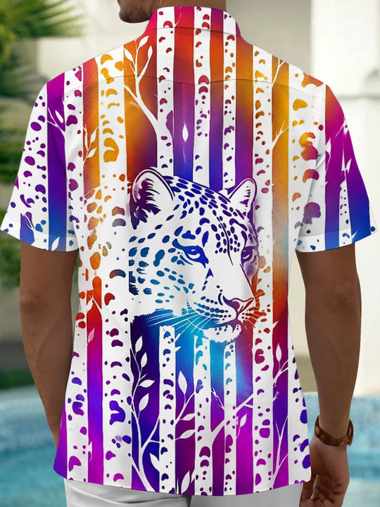 Adaychic Men's Hawaiian Cheetah Portrait Print Short Sleeve Shirt with Chest Pocket