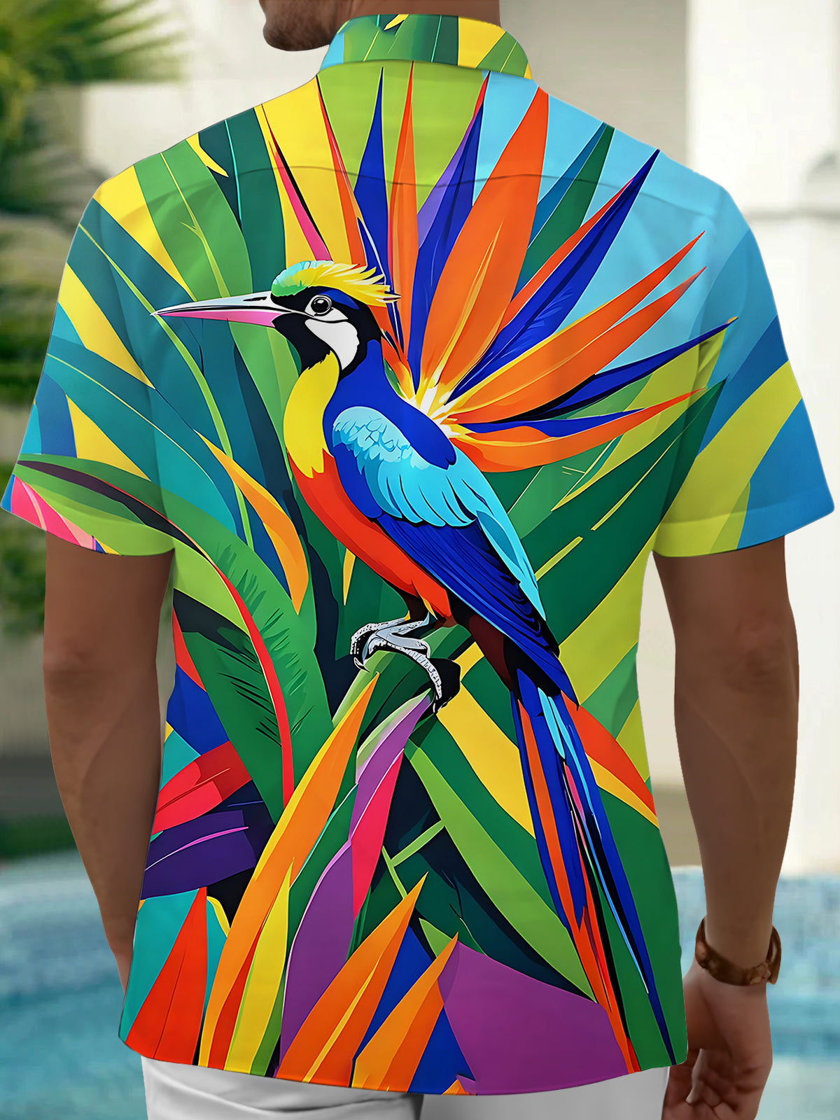 Adaychic Men's Hawaiian Bird Print Tropical Leaves Print Short Sleeve Shirt with Chest Pocket