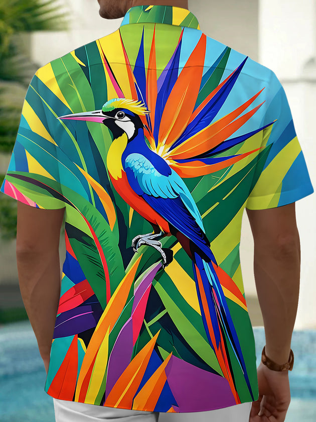 Adaychic Men's Hawaiian Bird Print Tropical Leaves Print Short Sleeve Shirt with Chest Pocket