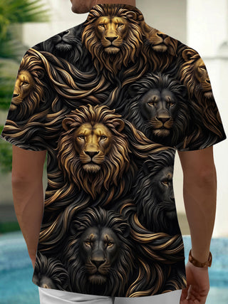 Adaychic Men's Hawaiian Lion Faces Print Short Sleeve Shirt with Chest Pocket