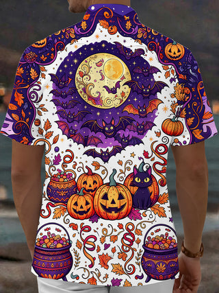 Adaychic Men's Halloween Black Cats And Pumpkins Print Short Sleeve Shirt with Chest Pocket