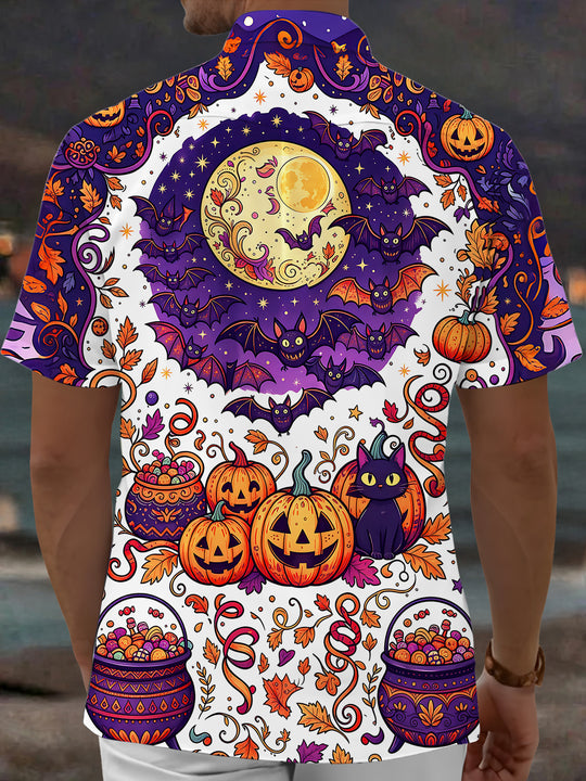 Adaychic Men's Halloween Black Cats And Pumpkins Print Short Sleeve Shirt with Chest Pocket