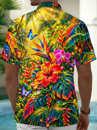 Adaychic Men's Tropical Flowers And Butterflies Print Short Sleeve Shirt with Chest Pocket