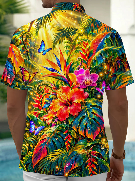 Adaychic Men's Tropical Flowers And Butterflies Print Short Sleeve Shirt with Chest Pocket