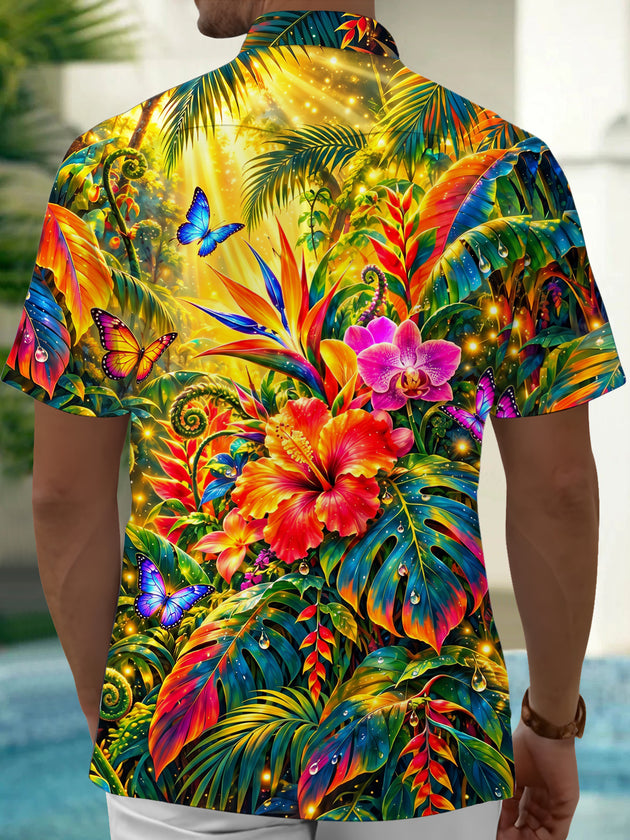 Adaychic Men's Tropical Flowers And Butterflies Print Short Sleeve Shirt with Chest Pocket