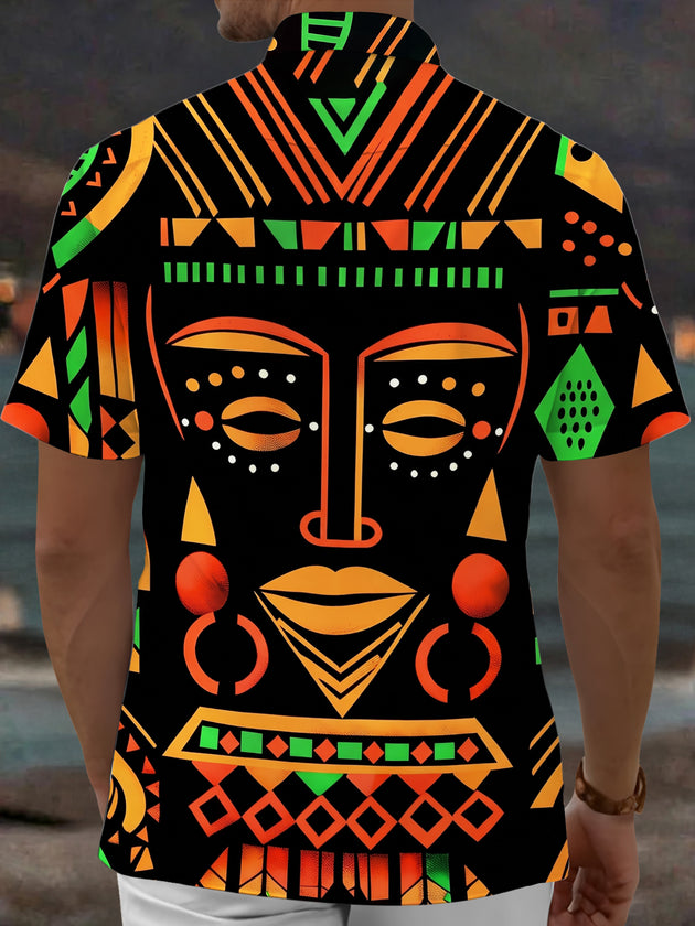 Adaychic Men's Graphic Abstract Tribal Face Print Short Sleeve Shirt with Chest Pocket