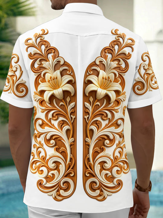 Adaychic Men's 3D Carved Floral Lilies And Scrollwork Print Short Sleeve Shirt with Chest Pocket