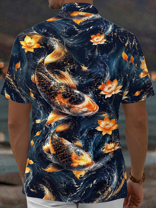 Adaychic Men's Hawaiian Koi Fish Print Lotus Flower Print Short Sleeve Shirt with Chest Pocket